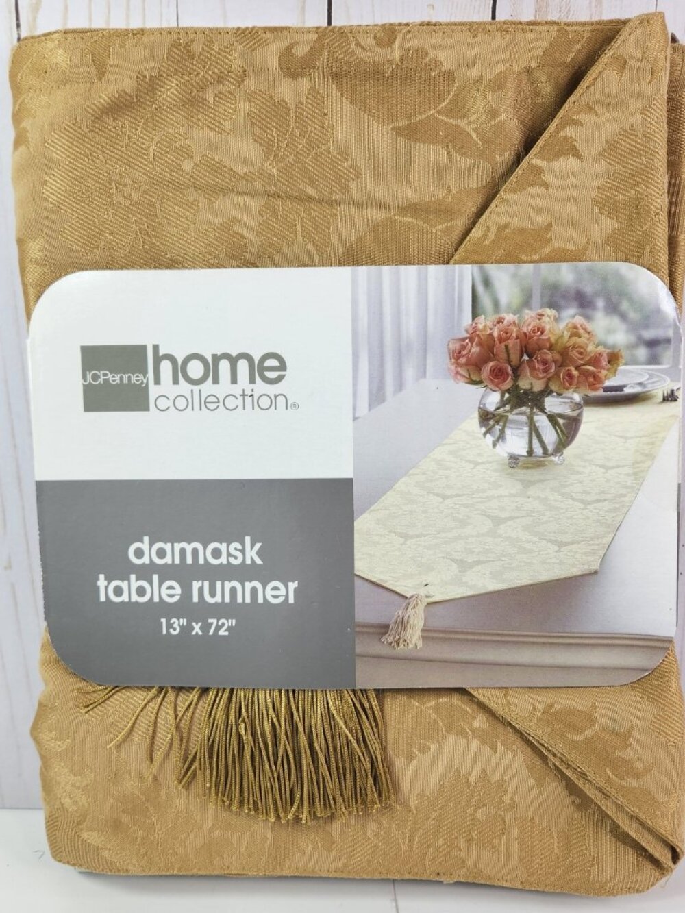 Damask Table Runner Pointed W Tassels Festive 72 in x 13 in Festive Celebration